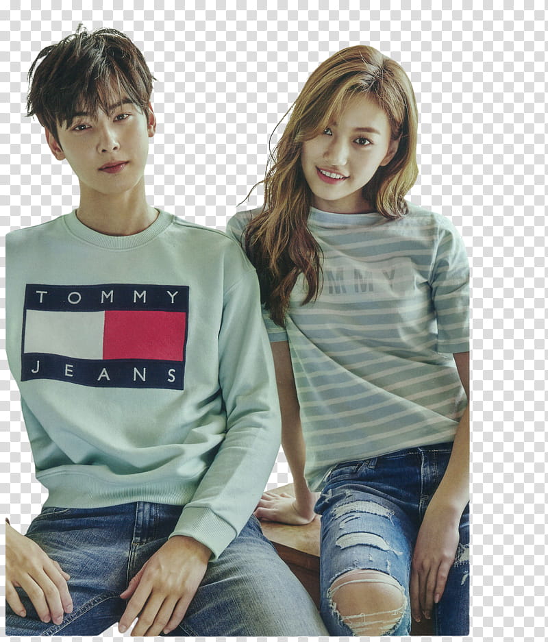 Eunwoo Y Doyeon, man wearing gray Tommy Hilfiger crew-neck long-sleeved shirt beside woman wearing striped crew-neck t-shirt transparent background PNG clipart