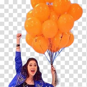 Lodovica Comello, shouting woman with right hand raise and left hand holding orange balloons transparent background PNG clipart