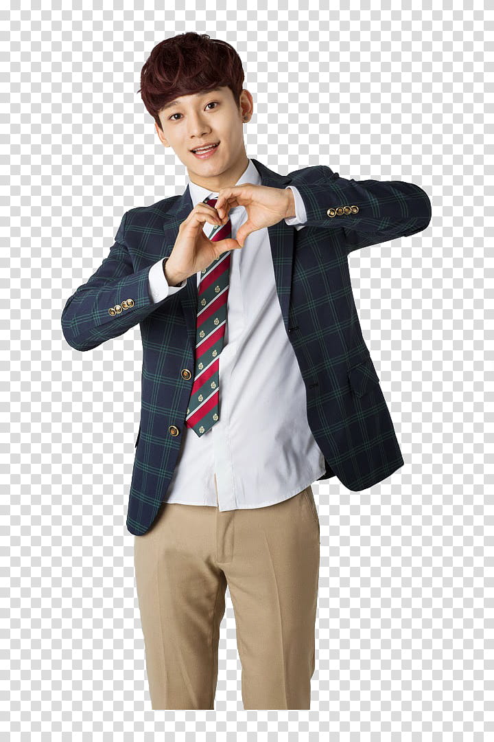 EXO, man wearing black blazer and brown pants doing heart sign transparent background PNG clipart
