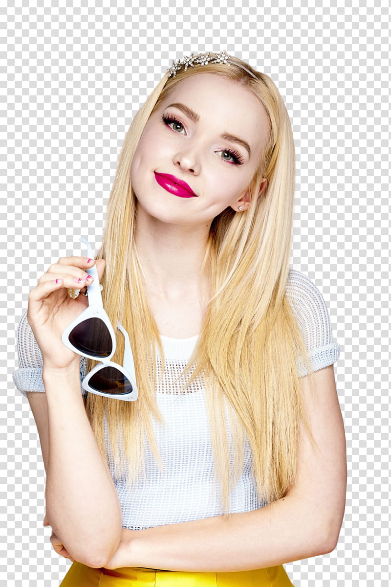 Dove Cameron, woman wearing white knit shirt holding white sunglasses transparent background PNG clipart