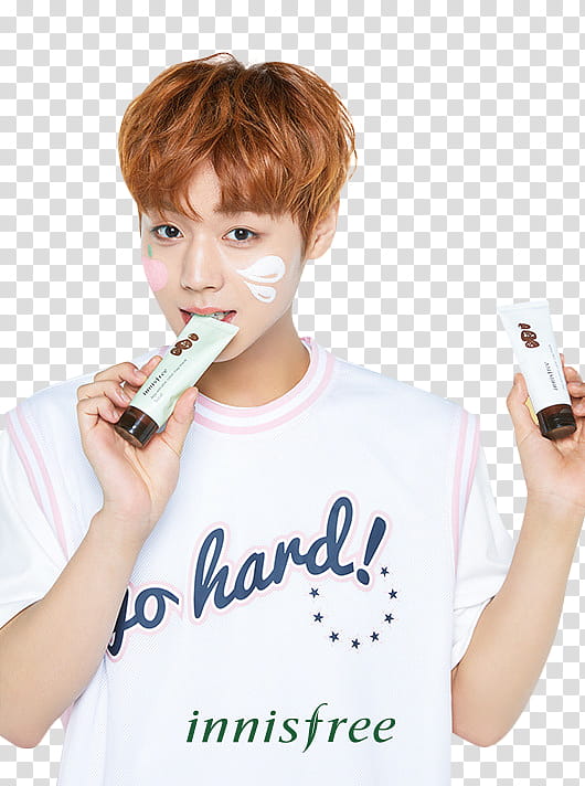 JIHOON WANNA ONE , man wearing white shirt holding cream soft-tubes transparent background PNG clipart