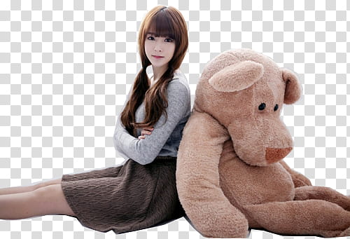 woman sitting and leaning brown bear plush toy transparent background PNG clipart