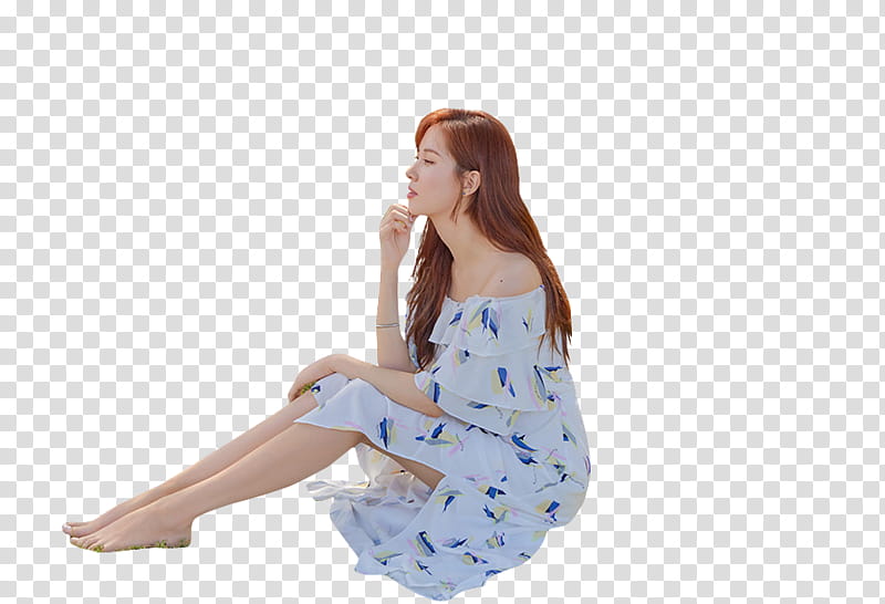 SEOHYUN GRAZIA SNSD, woman wearing white and blue off-shoulder dress sitting transparent background PNG clipart