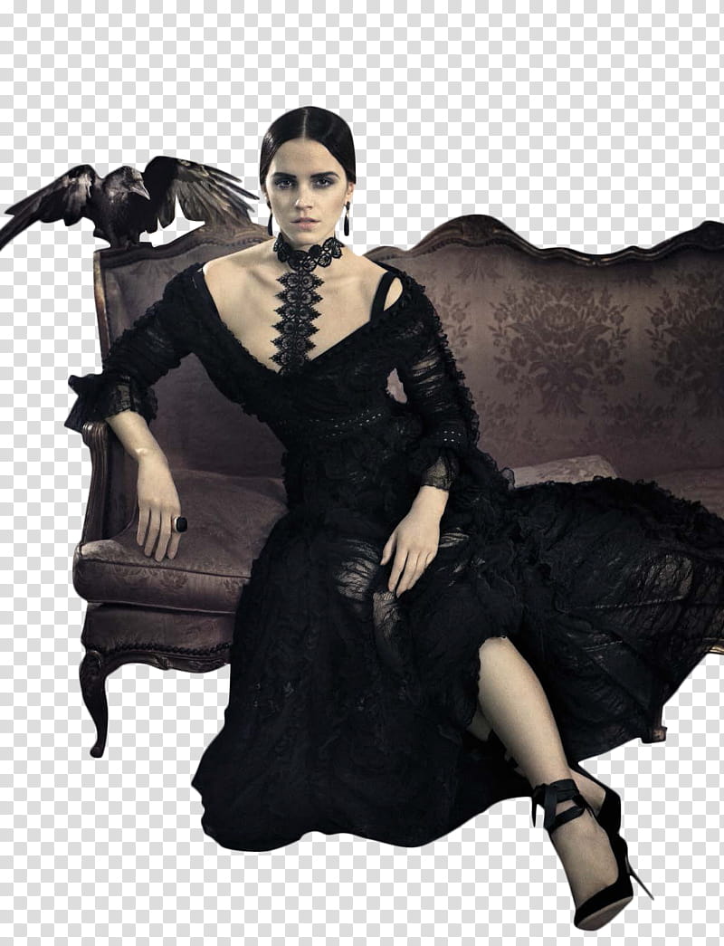 Emma Watson , Emma Watson in black dress sitting on sofa transparent background PNG clipart