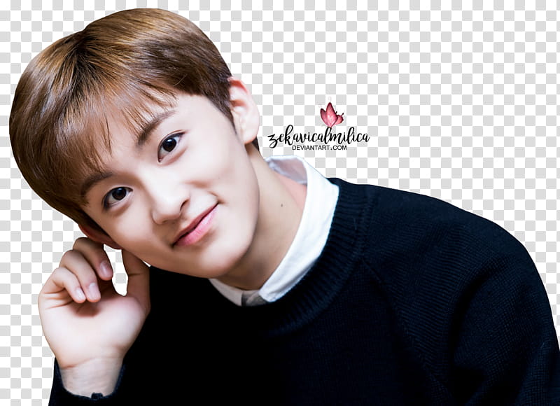 NCT Mark Sweet Valentine Day, smiling man wearing black sweater with hand on his ear transparent background PNG clipart