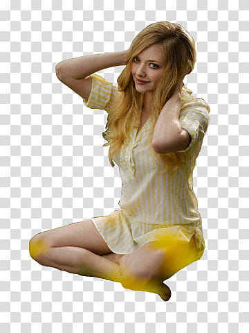 AmandaSeyfried , smiling woman wearing yellow and white sports shirt while sitting transparent background PNG clipart