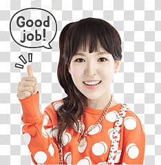 Red Velvet wendy kakao talk emoji, woman wearing orange and white polka-dot sweater with text overlay transparent background PNG clipart