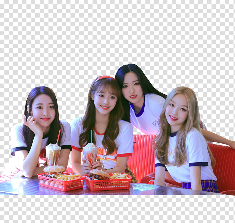 LOONA YYXY, four smiling woman in front on table transparent background PNG clipart