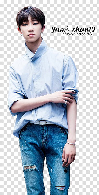THE, cutout of man in blue dress shirt and blue distressed jeans transparent background PNG clipart