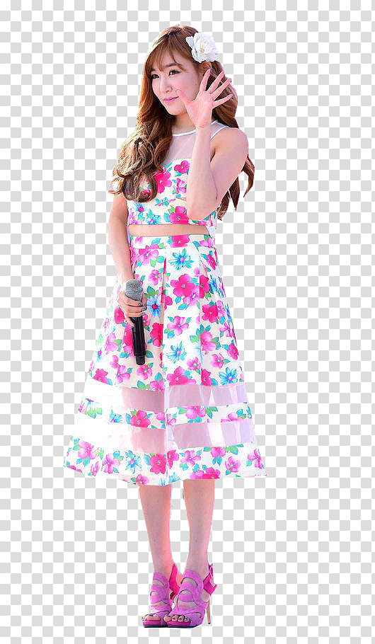 TIFFANY SNSD BLUEONE DREAM FESTIVAL, standing woman in pink and blue floral dress waving left hand and holding microphone transparent background PNG clipart