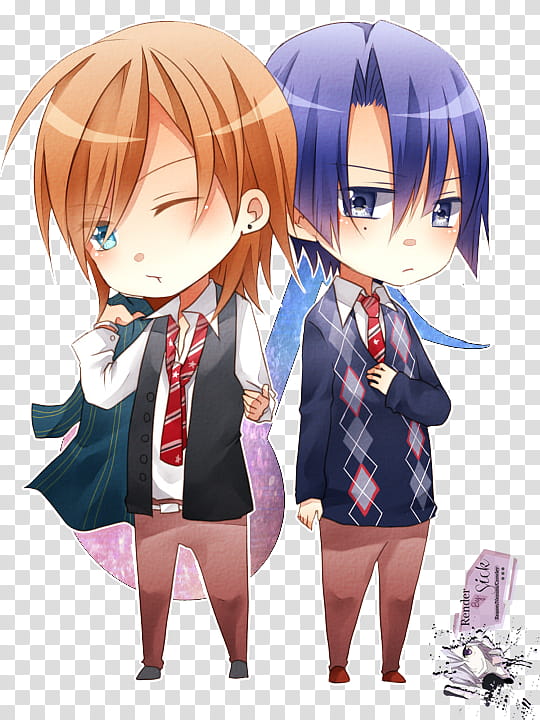 Renders Anime Chibi, two blue and brown haired anime characters illustration transparent background PNG clipart