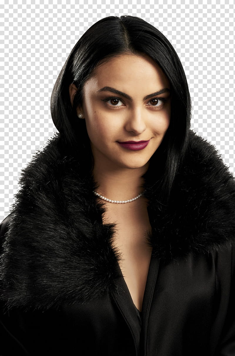 Riverdale cast, smiling woman wearing black faux-fur collar coat transparent background PNG clipart
