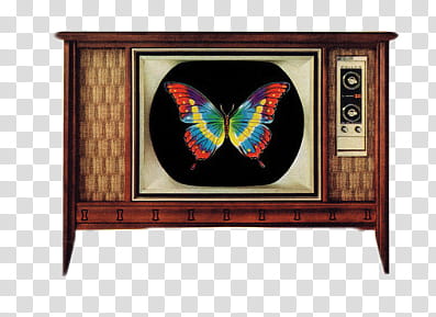 , brown and black CRT TV displaying butterfly transparent background PNG clipart