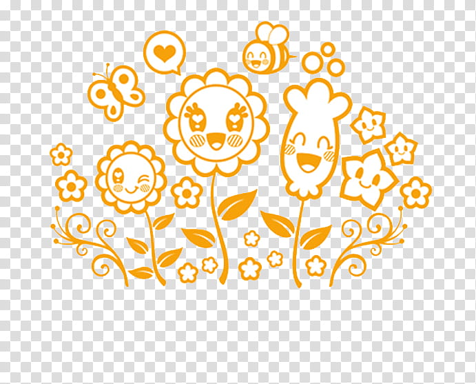 Cute, orange and white flowers, butterfly and bee transparent background PNG clipart