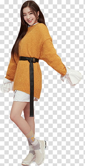 Irene Red Velvet NUOVO, smiling woman wearing orange sweater while standing transparent background PNG clipart