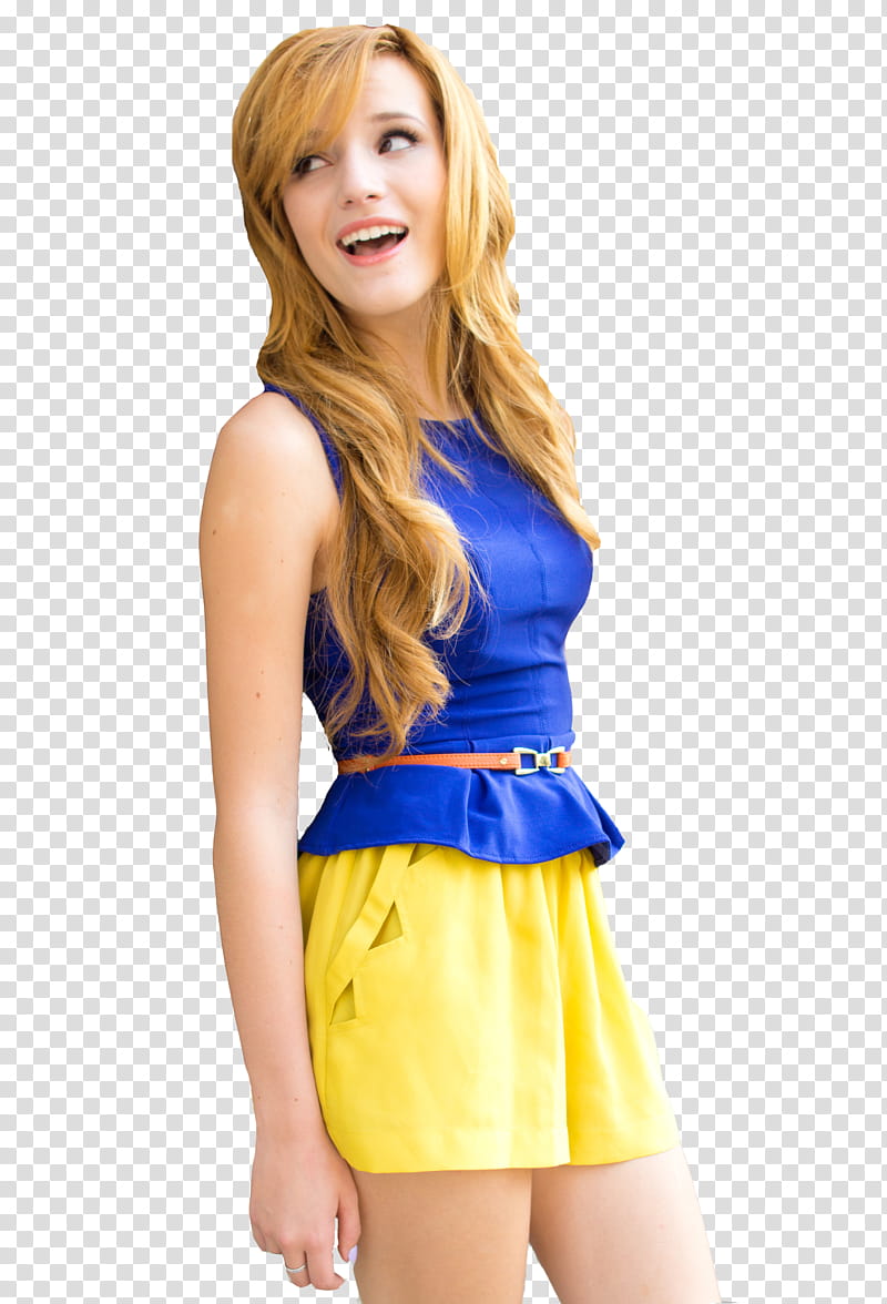 Bella Thorne, woman in blue top and yellow shorts transparent background PNG clipart