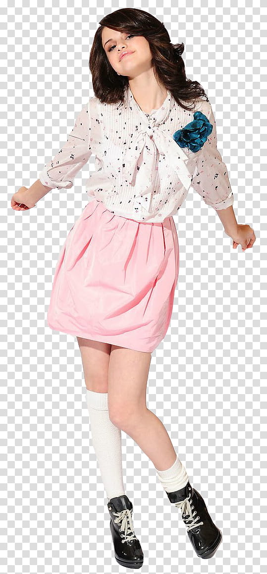 Selena Gomez, woman in white / sleeved shirt and pink skirt transparent background PNG clipart