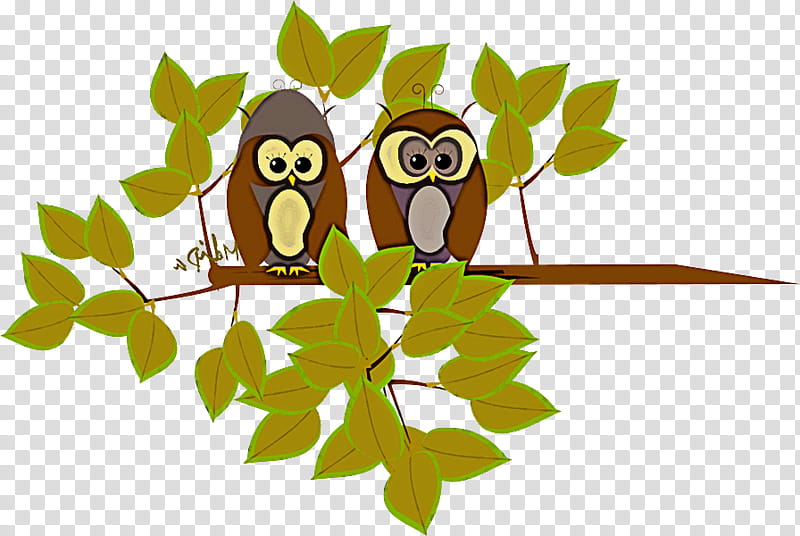 owl branch leaf bird, Cartoon, Tree, Twig, Plant, Animal Figure transparent background PNG clipart