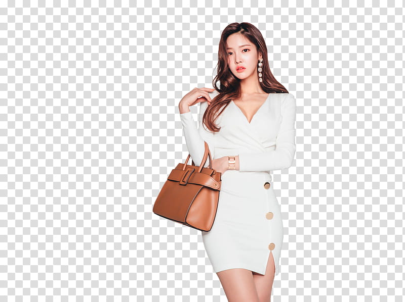 SPECIAL  WATCHERS, woman in white long sleeved bodycon mini dress with brown leather handbag transparent background PNG clipart