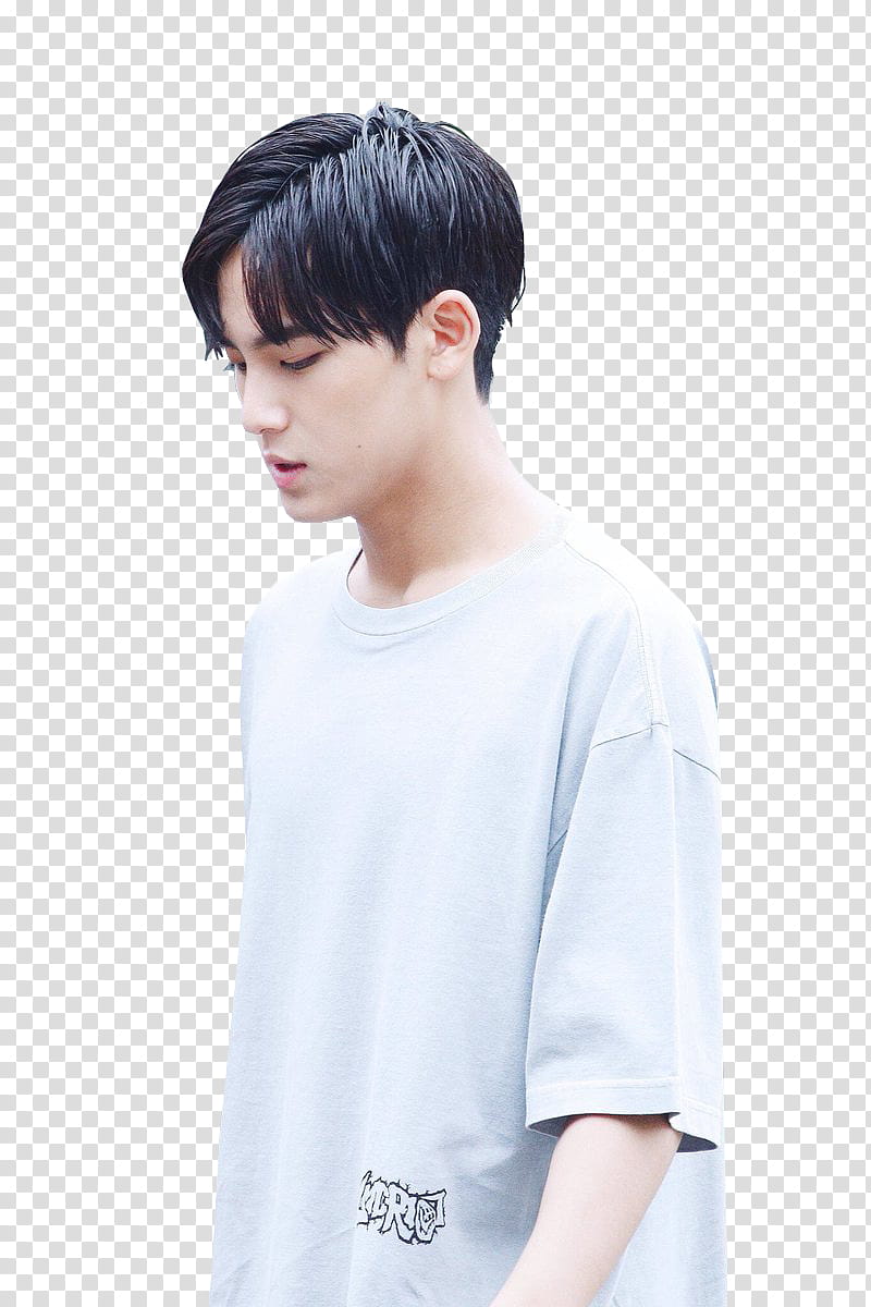 Mingyu  HAPPYMINGYUDAY, man wearing white crew-neck t-shirt transparent background PNG clipart