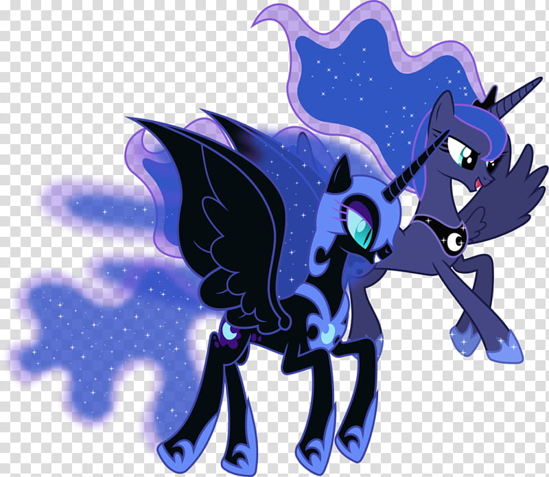 Nightmare Moon and Princess Luna Flying Together, two black and purple My Little Pony illustration transparent background PNG clipart