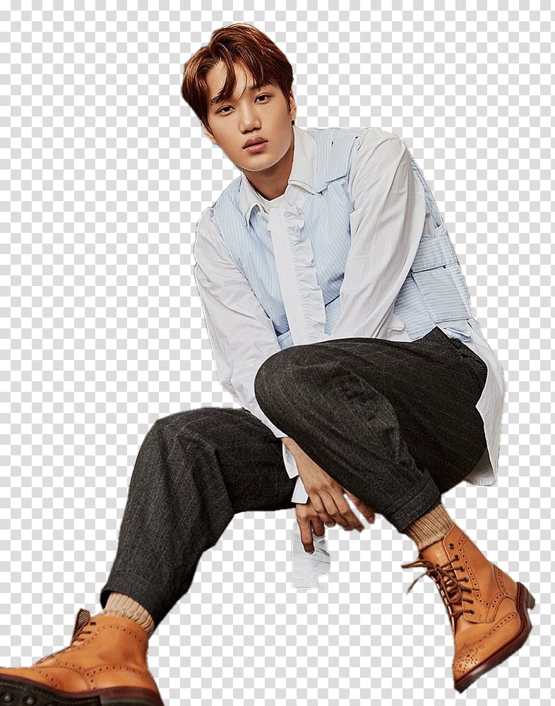 Kai EXO, man wearing white dress shirt, black dress pants, and pair of brown work boots transparent background PNG clipart