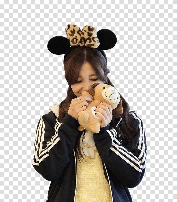 EunJi miu etic, woman in black and white jacket holding dog plush toy transparent background PNG clipart