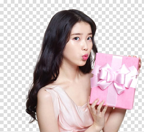 IU, woman holding pink gift box transparent background PNG clipart