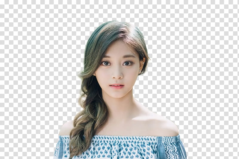 TWICE TZUYU, woman wearing blue and white off-shoulder top transparent background PNG clipart