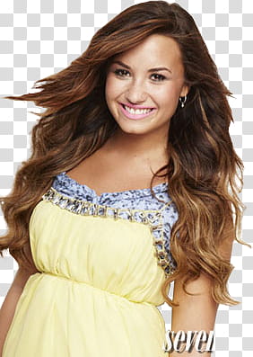 primer de resources, Demi Lovato wearing yellow and blue spaghetti strap dress transparent background PNG clipart