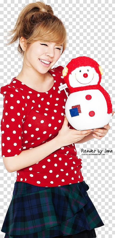 Sunny SNSD Render, woman wearing red and white polka-dot shirt holding snowman figurine transparent background PNG clipart