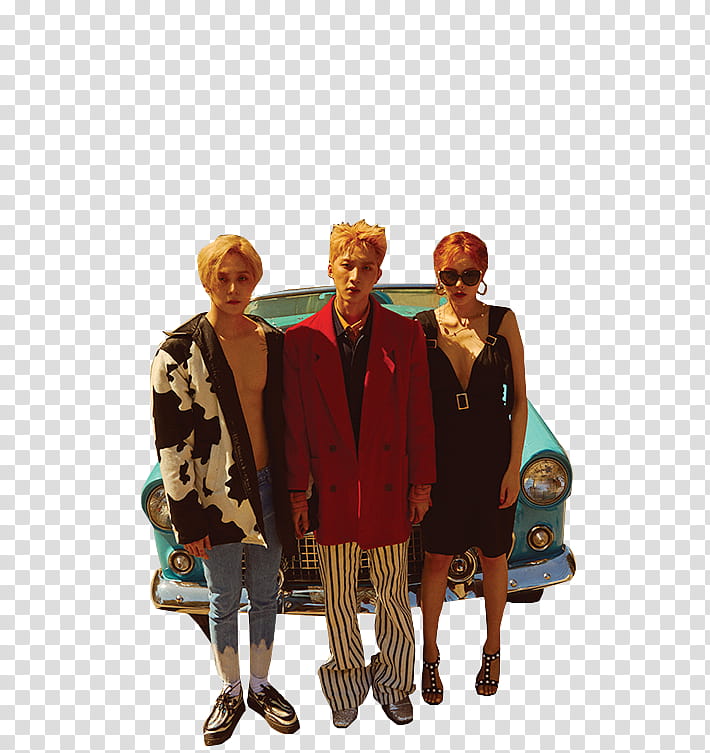 Triple H, two men and one woman standing while posing in front of car transparent background PNG clipart