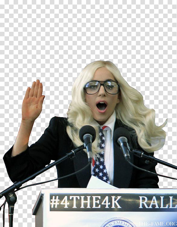 Lady Gaga , woman standing beside black microphones while raising her hand transparent background PNG clipart