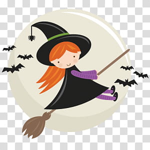 Halloween s, witch riding broom stick animated illustration transparent background PNG clipart