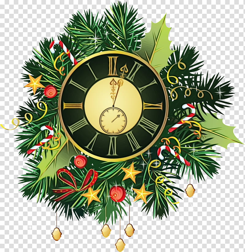 Christmas decoration, Watercolor, Paint, Wet Ink, Clock, Wall Clock, Branch, Christmas transparent background PNG clipart