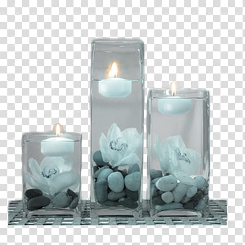 Velas Estilo Vintage, three white gel candles with clear glass holders transparent background PNG clipart