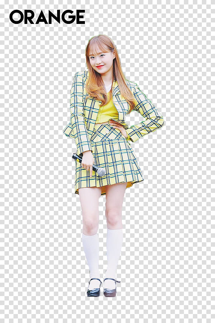 woman wearing yellow and blue skirt holding microphone transparent background PNG clipart