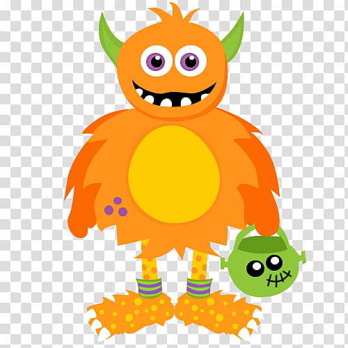 Recursos Halloween, orange monster holding a jack-o-lantern transparent background PNG clipart