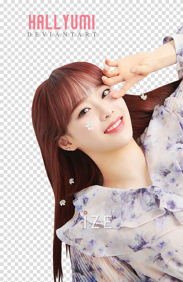 Loona Chuu wearing white and purple floral blouse smiling and putting left hand on her face transparent background PNG clipart