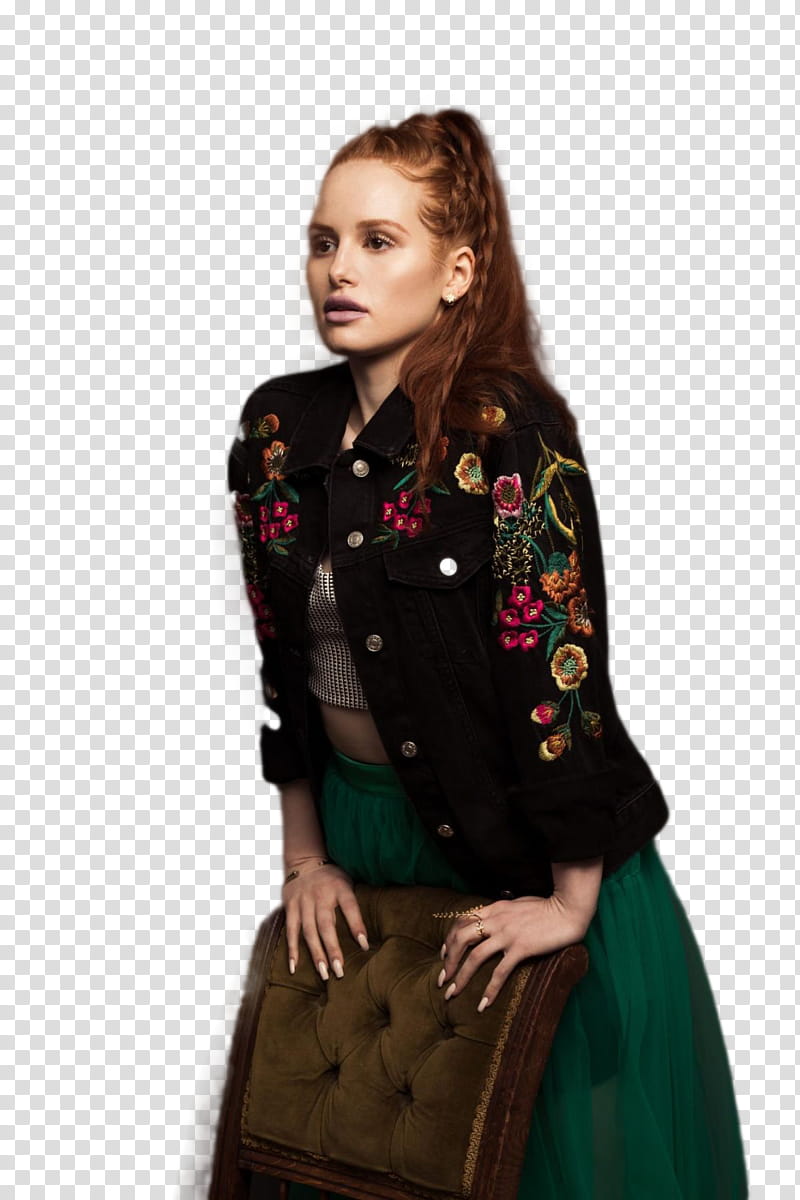 Madelaine Petsch , woman blond haired wearing black denim jacket transparent background PNG clipart