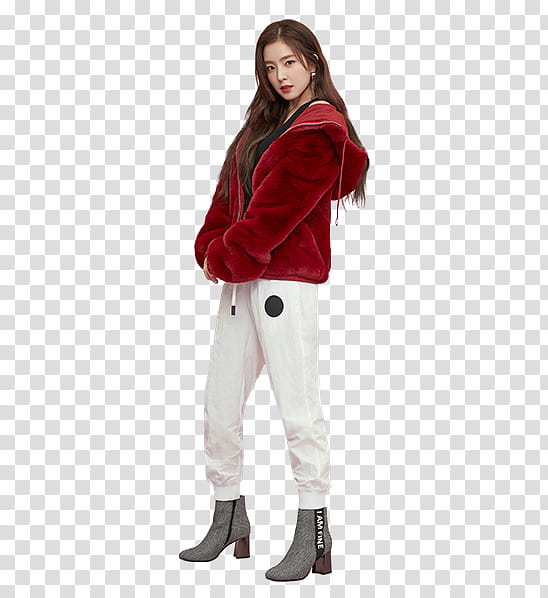 Red Velvet Irene NUOVO P, woman wearing red zip-up jacket and white pants transparent background PNG clipart