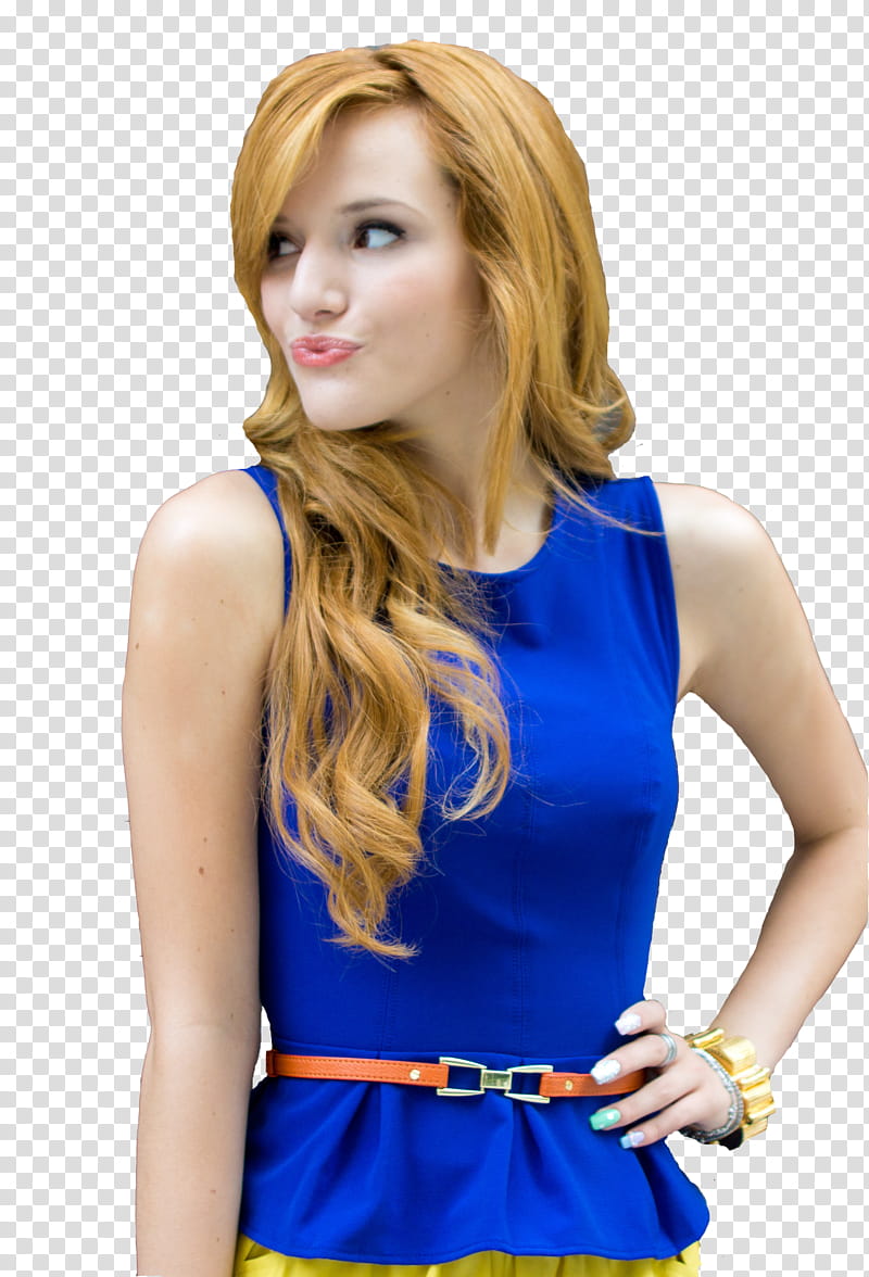 Bella Thorne, smirking Bella Thorne in blue sleeveless peplum top with left hand on waist transparent background PNG clipart