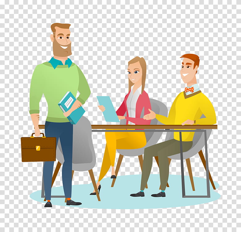 Flat Design, Businessperson, Male, Sitting, Standing, Conversation, Communication, Table transparent background PNG clipart