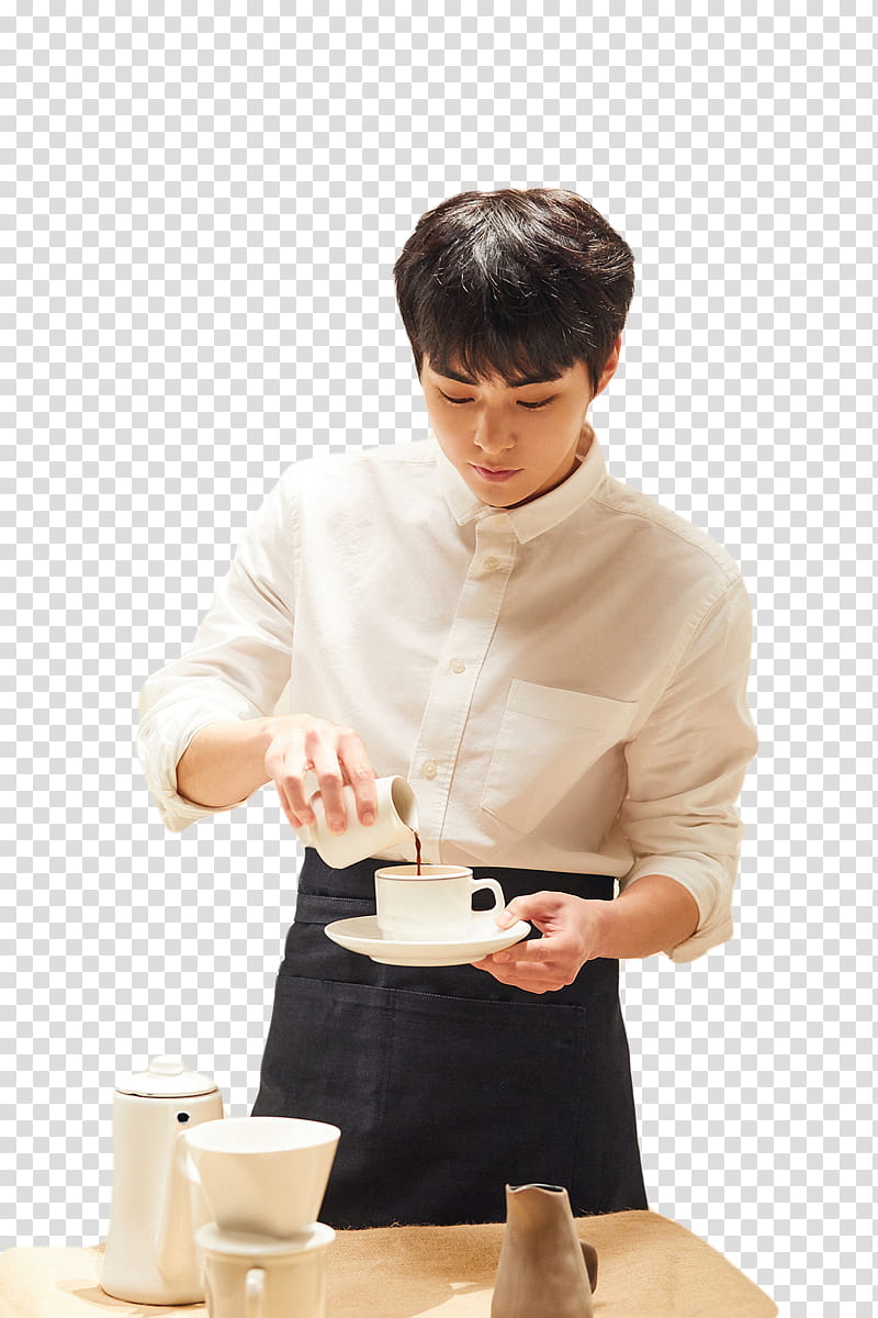 EXO UNIVERSE, man wearing white dress shirt pouring liquid on white cup with saucer transparent background PNG clipart