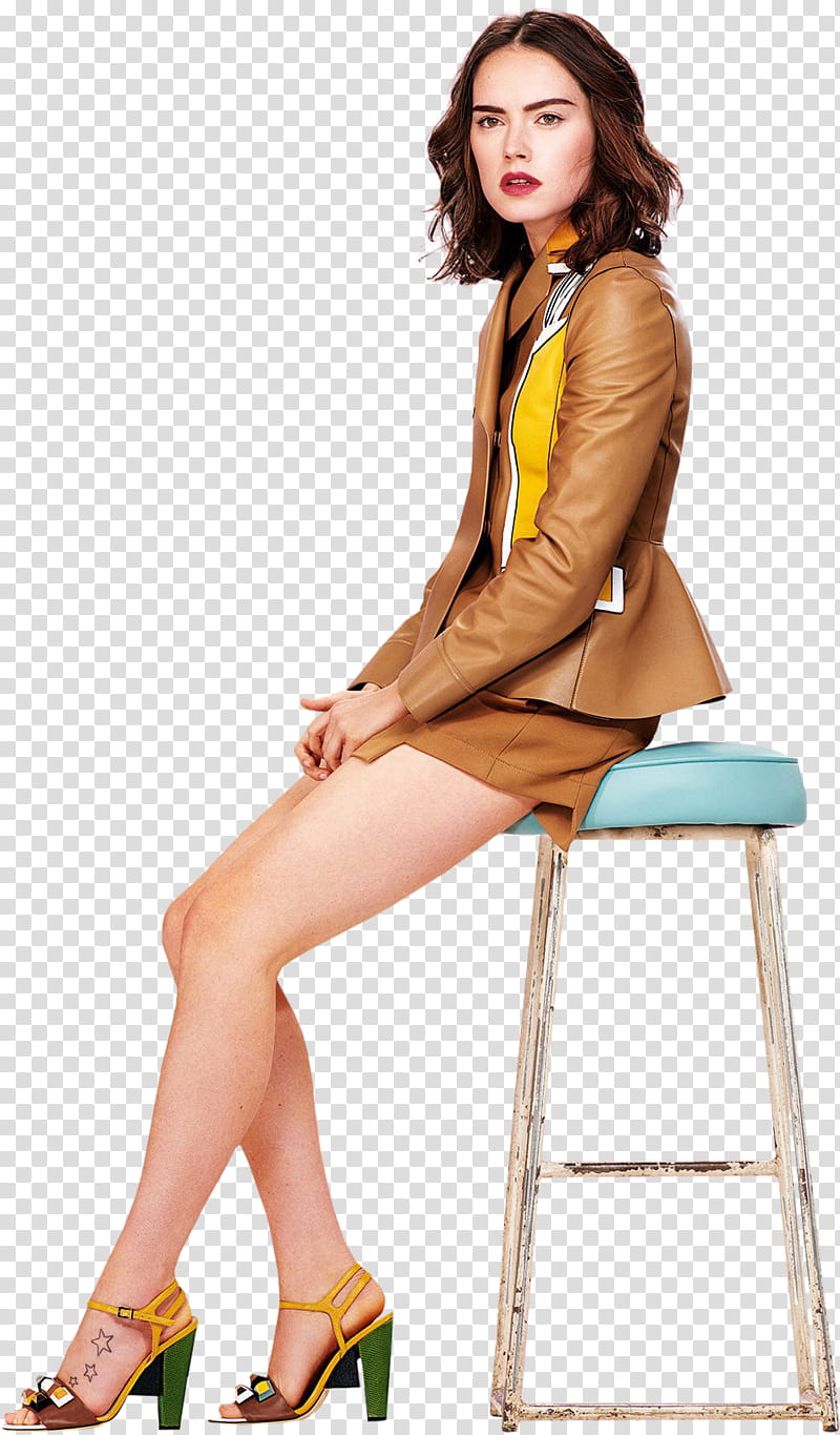 Daisy Ridley HQ, woman sitting on bar stool transparent background PNG clipart