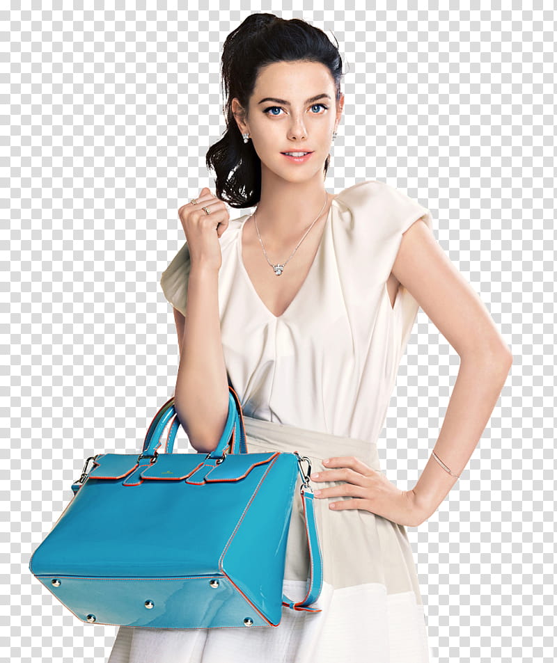 Kaya Scodelario, standing woman wearing white dress while carrying blue bag transparent background PNG clipart
