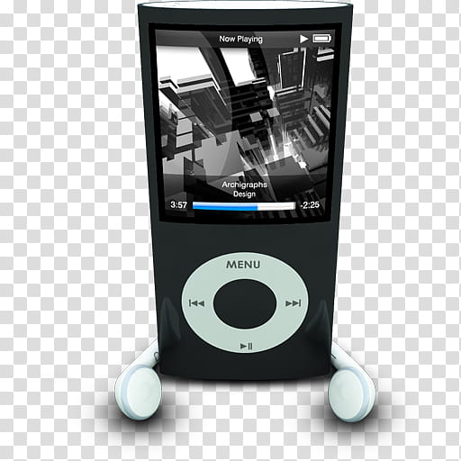 Archigraphs Nanos Icons, iPodPhonesBlack_Archigraphs_x, black MP player transparent background PNG clipart