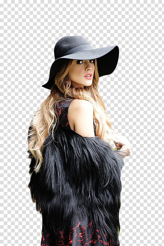 Eiza Gonzalez, woman wearing black sunhat and black furry coat transparent background PNG clipart