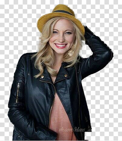 Candice Accola La Teen Festival Cut Out , smiling woman holding hat wearing black leather jacket transparent background PNG clipart