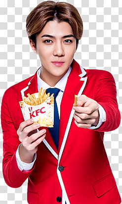 EXO KFC CHINA, smiling man holding KFC French fries transparent background PNG clipart